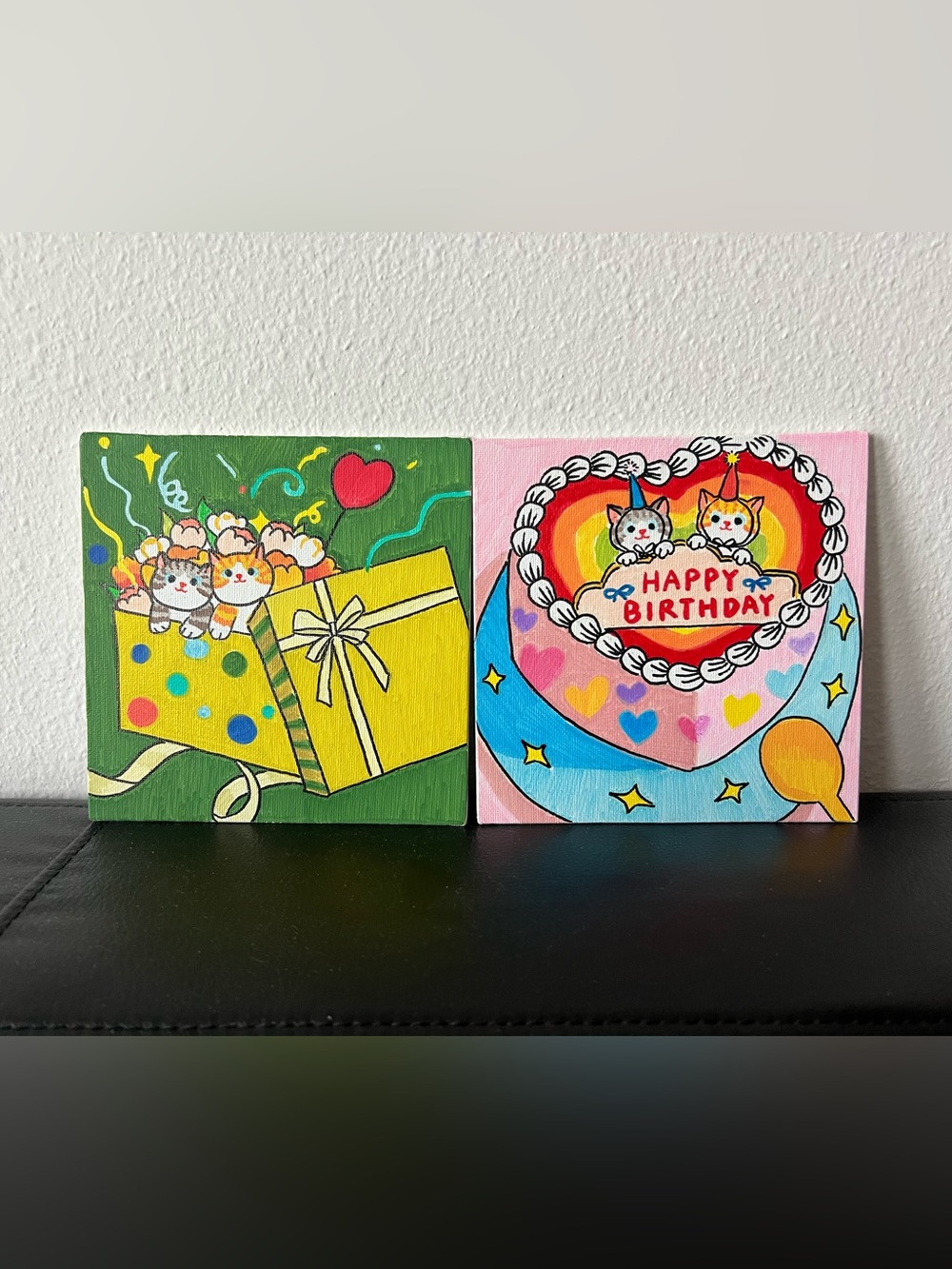 Set of 2- Kittyโs Birthday Surprise hand-painted 6x6 Acrylic Painting